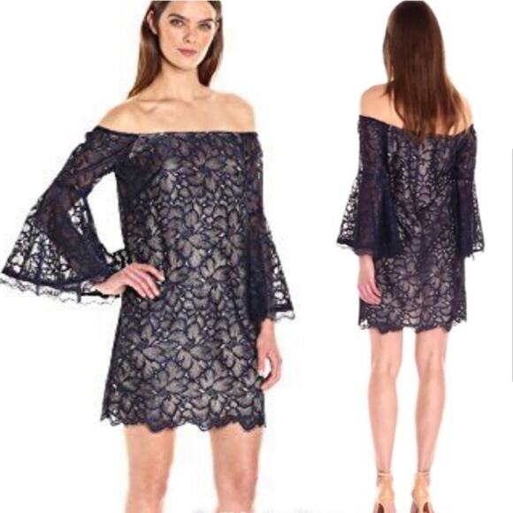 Trina Turk Akamai Lanai navy blue lace overlay off shoulder dress size 8 NWT - Picture 1 of 16